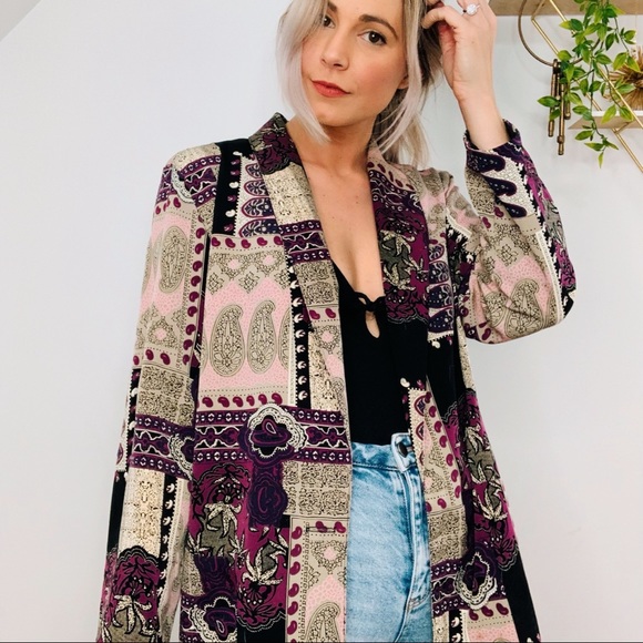 Vintage Jackets & Blazers - VINTAGE | Paisley Artdeco Bold Oversized Long Duster Cardigan Blazer Coat Top